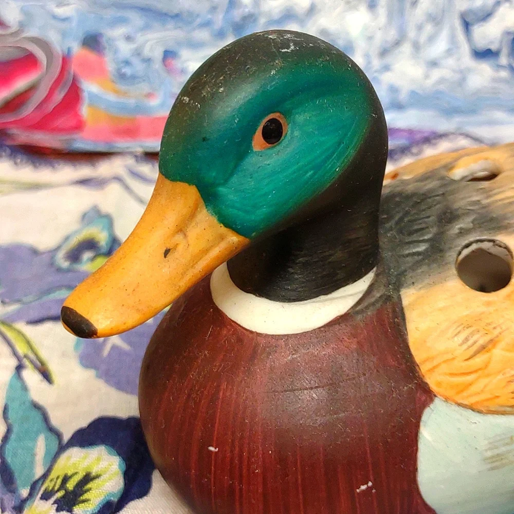 Porcelain Hand Painted Figural Mallard Duck Pencil Holder Vintage